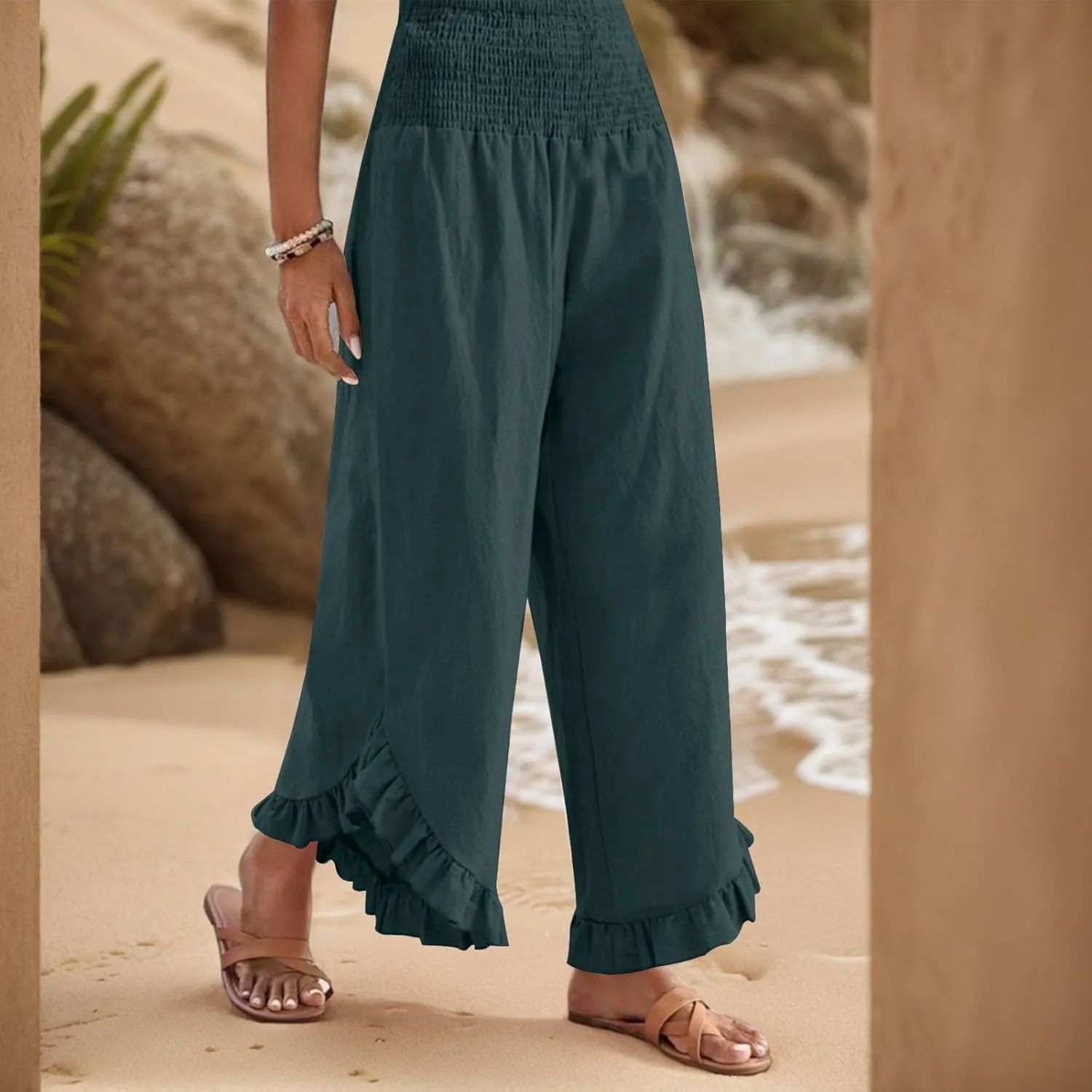 Womens 2025 Summer Cotton Linen Wide Leg Pants Smocked Waisted Beach Palazzo Ruffle Hem Lounge Trousers with Pocket