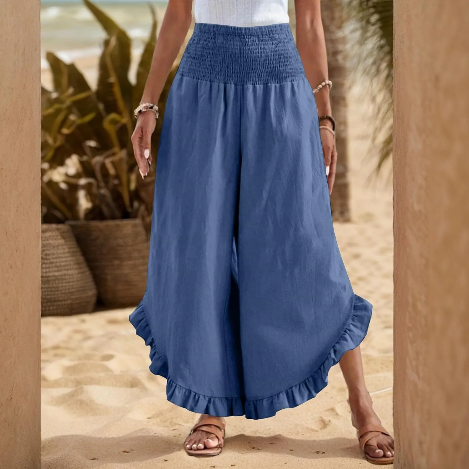 Womens 2025 Summer Cotton Linen Wide Leg Pants Smocked Waisted Beach Palazzo Ruffle Hem Lounge Trousers with Pocket