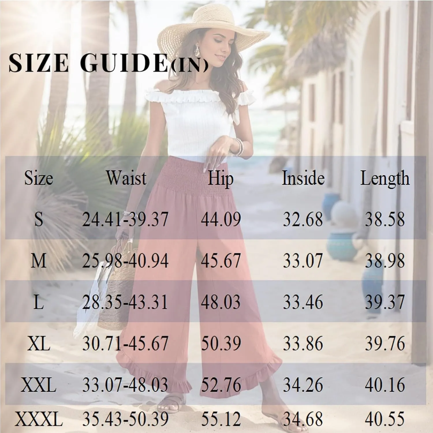 Womens 2025 Summer Cotton Linen Wide Leg Pants Smocked Waisted Beach Palazzo Ruffle Hem Lounge Trousers with Pocket