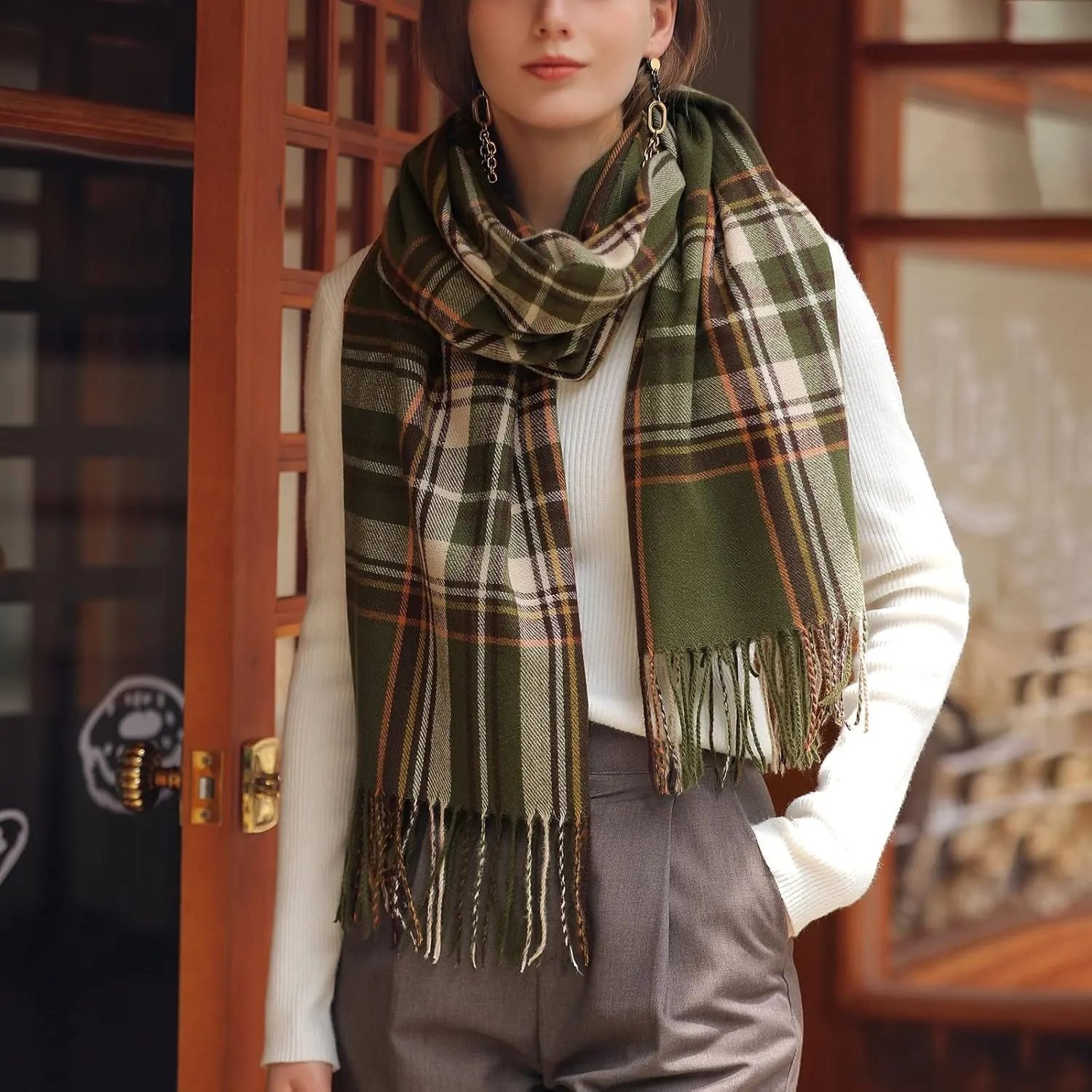 Womens Fall Winter Thermal Scarf Classic Plaid Print Tassel Soft Warm Blanket Scarves Ladie's Shawl Wraps
