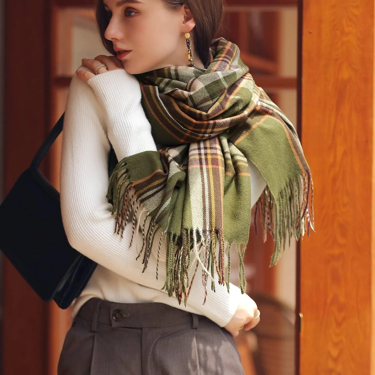 Womens Fall Winter Thermal Scarf Classic Plaid Print Tassel Soft Warm Blanket Scarves Ladie's Shawl Wraps