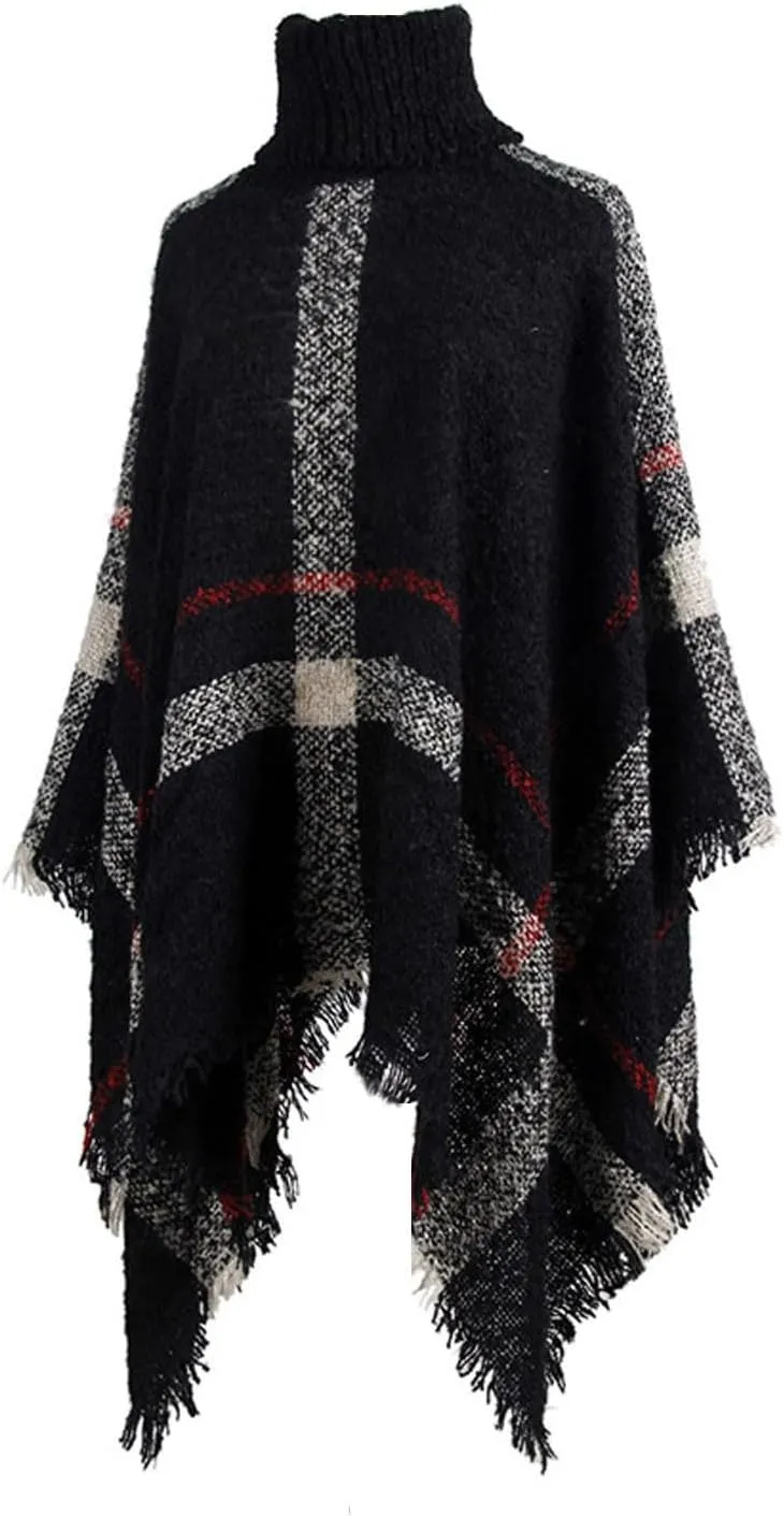 Womens Fall Winter Warm Poncho Cape Casual Striped Shawl Wraps Mock Turtleneck Knitted Pullover Sweater with Tassels
