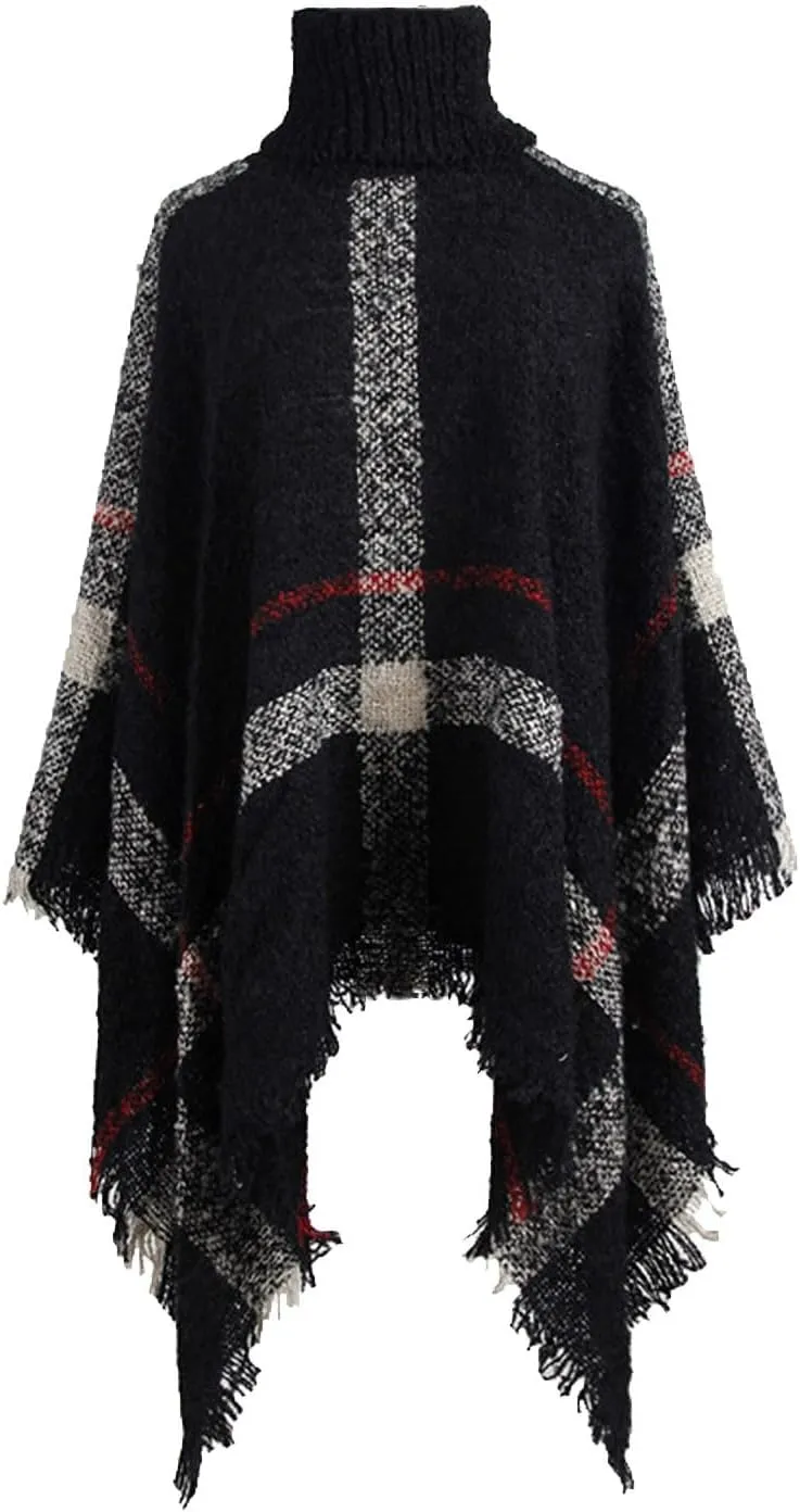 Womens Fall Winter Warm Poncho Cape Casual Striped Shawl Wraps Mock Turtleneck Knitted Pullover Sweater with Tassels