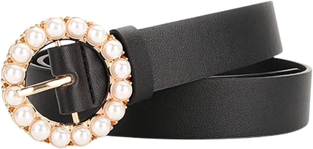 Women's Faux Leather Belt Elegant Pearl Gold Metal Buckle Belt for Dress Fashion Slimming Beaded Casual Jeweled Belt