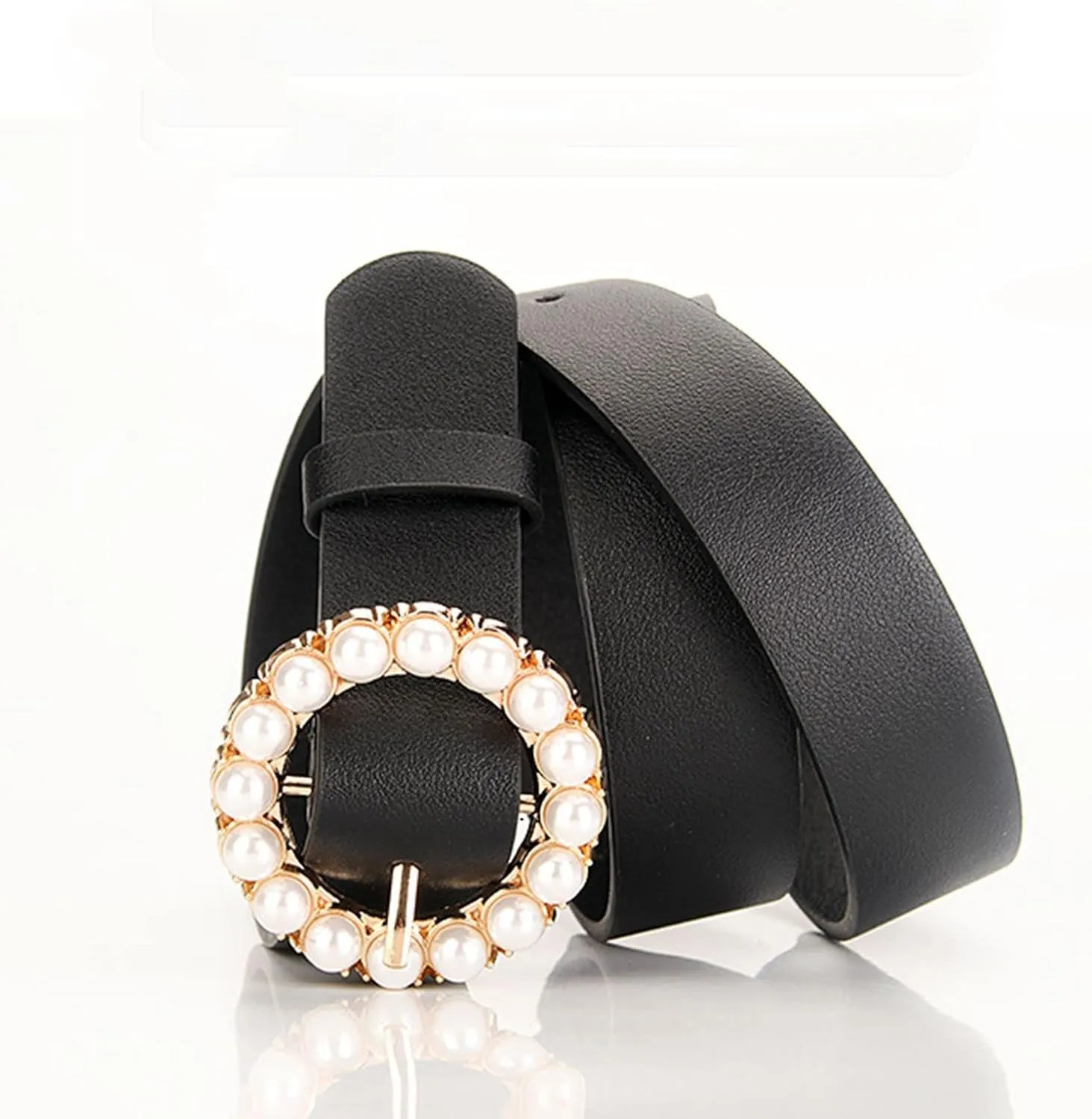 Women's Faux Leather Belt Elegant Pearl Gold Metal Buckle Belt for Dress Fashion Slimming Beaded Casual Jeweled Belt