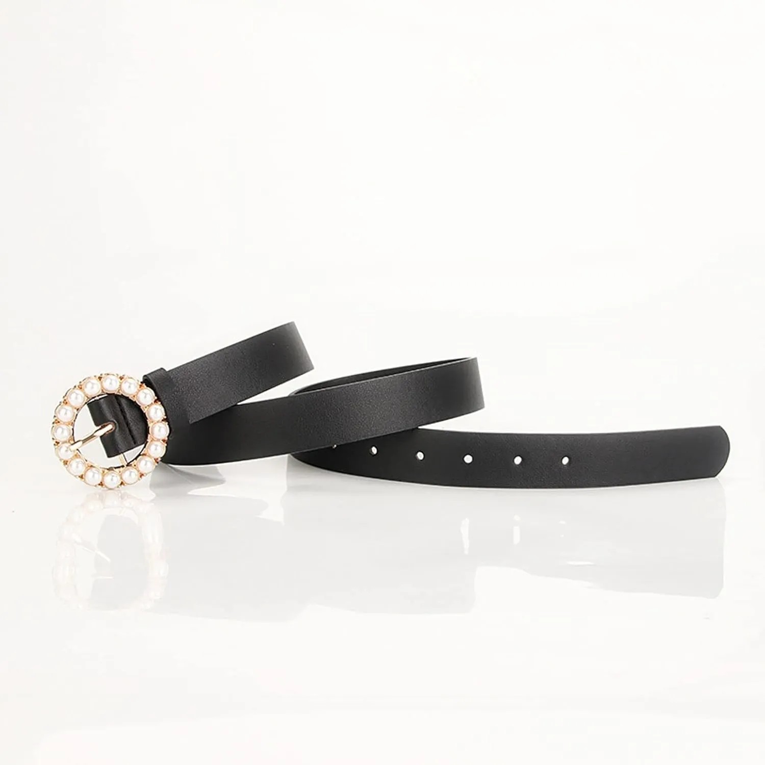 Women's Faux Leather Belt Elegant Pearl Gold Metal Buckle Belt for Dress Fashion Slimming Beaded Casual Jeweled Belt