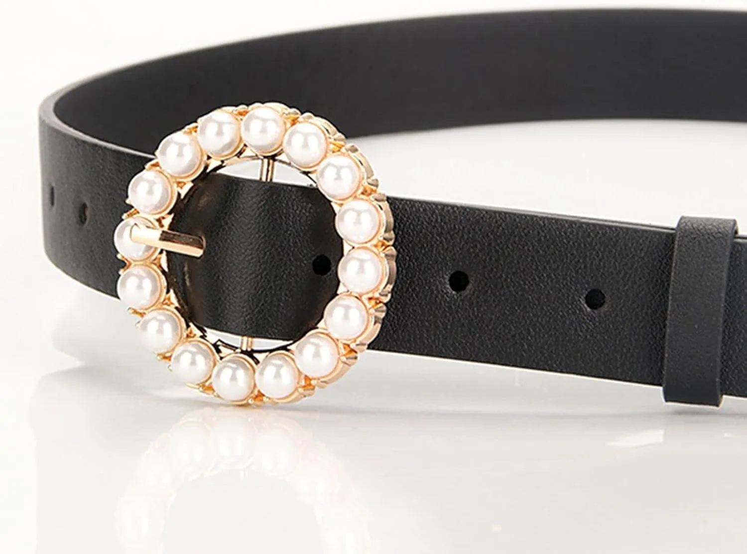 Women's Faux Leather Belt Elegant Pearl Gold Metal Buckle Belt for Dress Fashion Slimming Beaded Casual Jeweled Belt