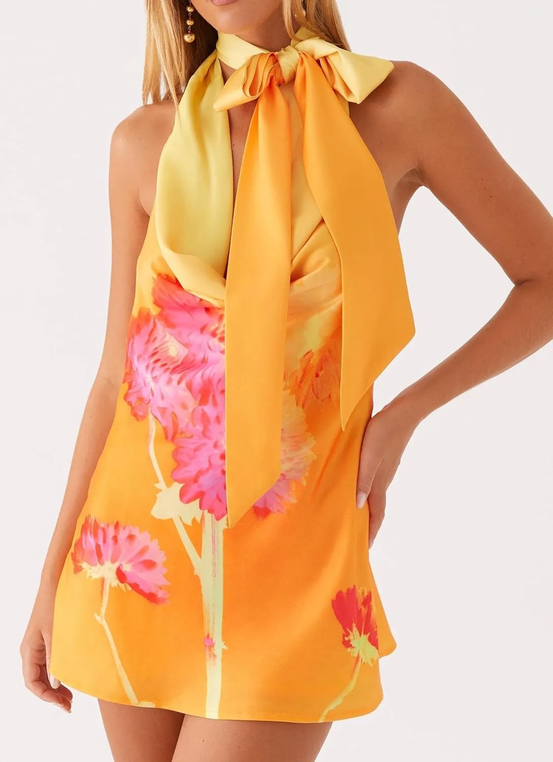 Women's Halter Cowl Neck Mini Dress with Scarf Y2k Sexy Backless Satin Bodycon Dress Club Cocktail Party Dresses