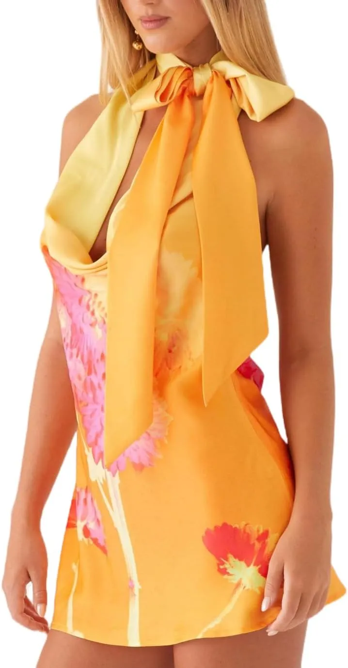 Women's Halter Cowl Neck Mini Dress with Scarf Y2k Sexy Backless Satin Bodycon Dress Club Cocktail Party Dresses