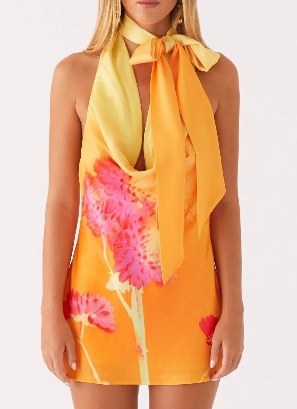 Women's Halter Cowl Neck Mini Dress with Scarf Y2k Sexy Backless Satin Bodycon Dress Club Cocktail Party Dresses