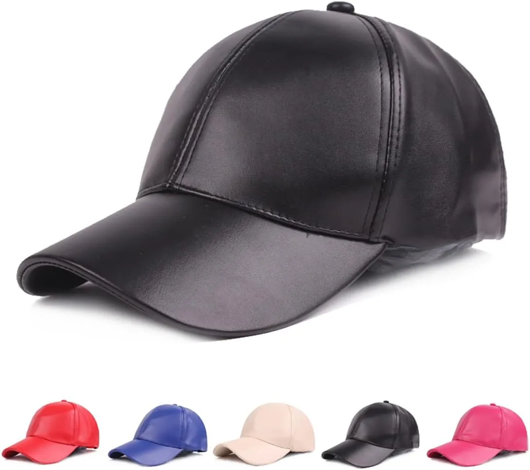 Women's Men's Pure Color PU Leather Baseball Cap Adjustable Trucker Hat Golf Hat