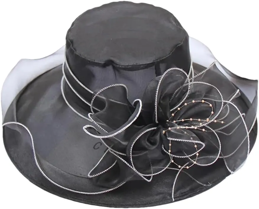 Women's Organza Church Hat Wide Brim Wedding Dress Tea Party Hat Flower Bow Sun Hat
