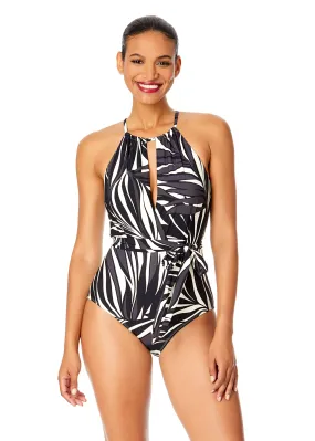 Women's Palm Chic High Neck Plunge One Piece Swimsuit