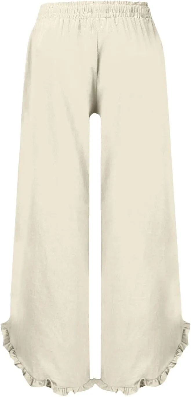 Women's Pants Linen Pants Summer High Waisted Palazzo Pants Wide Leg Drawstring Elastic Waist Loose Comfy Trousers