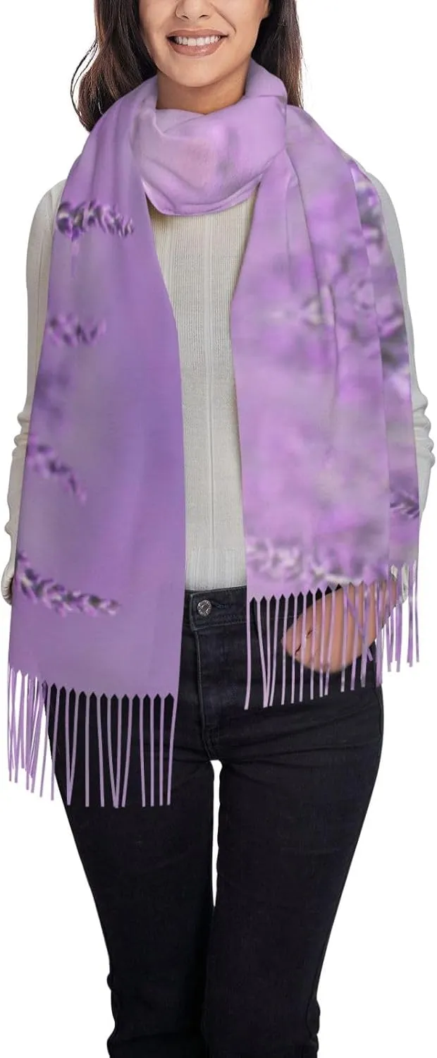 Women's Purple Floral Cashmere Blend Polyester Scarf, 77.6" x 28.3", Warm Winter Shawl Scarf with Tassel Design