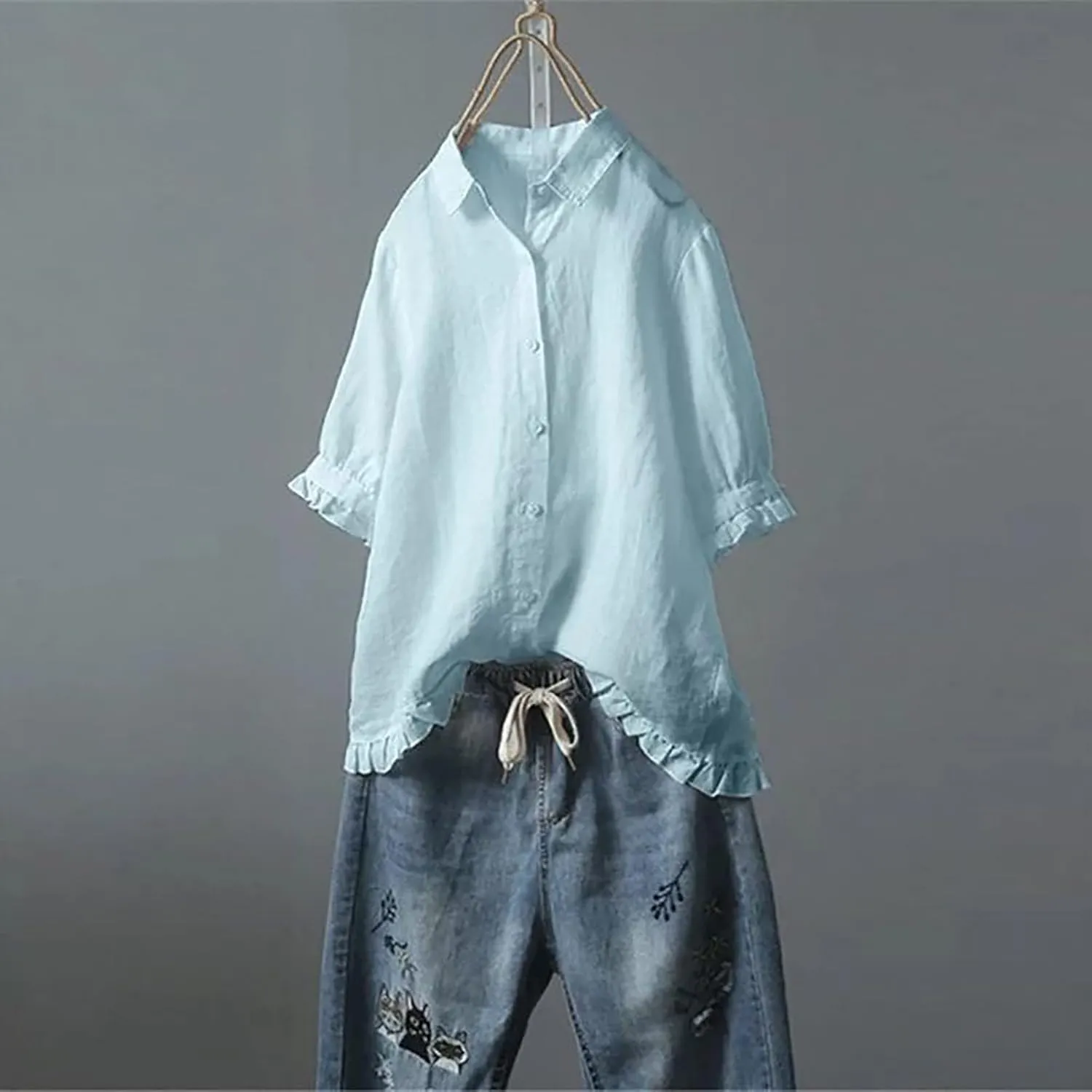 Womens Short Sleeve Cotton Linen Shirt Casual Crewneck Soft T Shirt Floral Loose Fit Summer Tee Tops