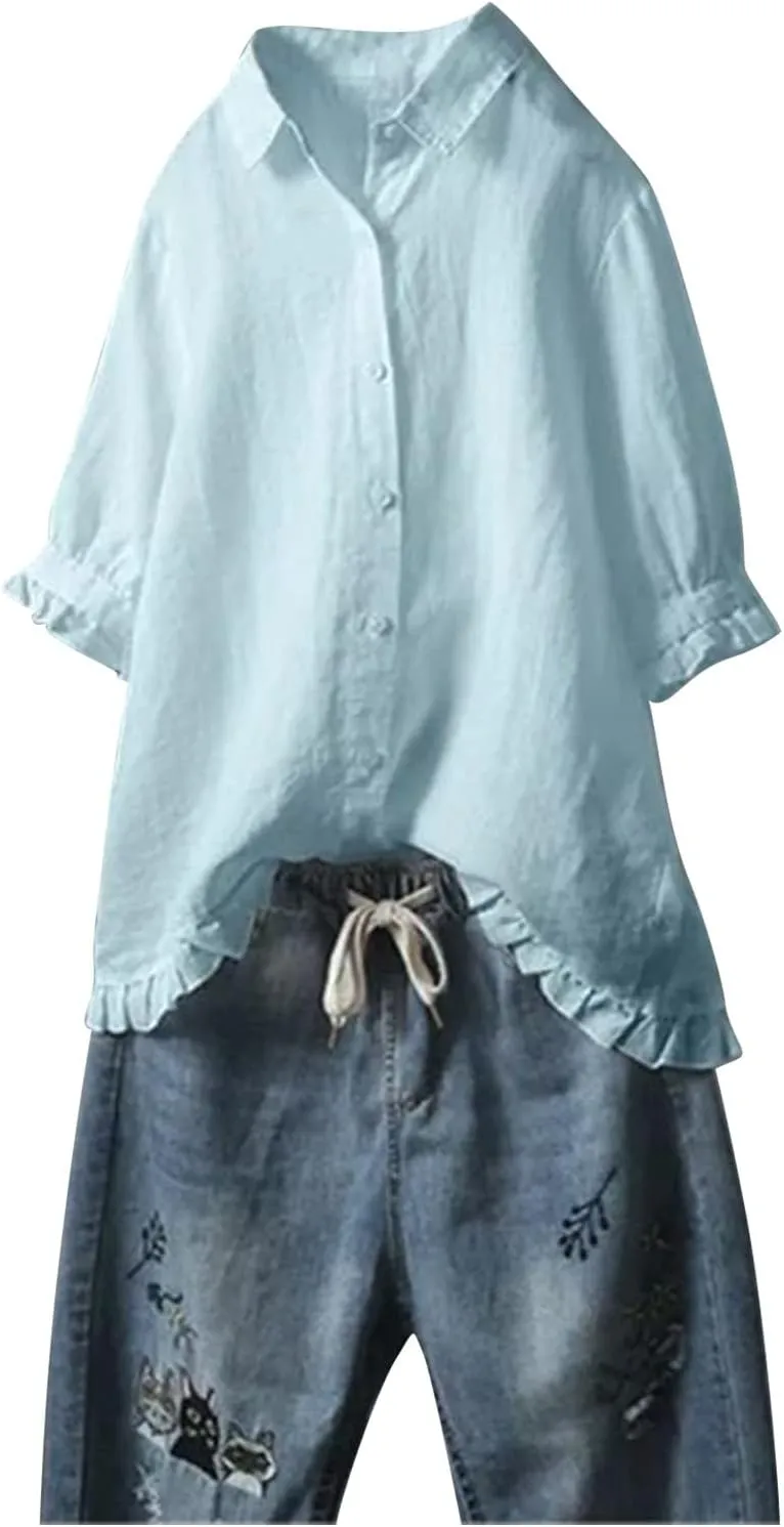 Womens Short Sleeve Cotton Linen Shirt Casual Crewneck Soft T Shirt Floral Loose Fit Summer Tee Tops
