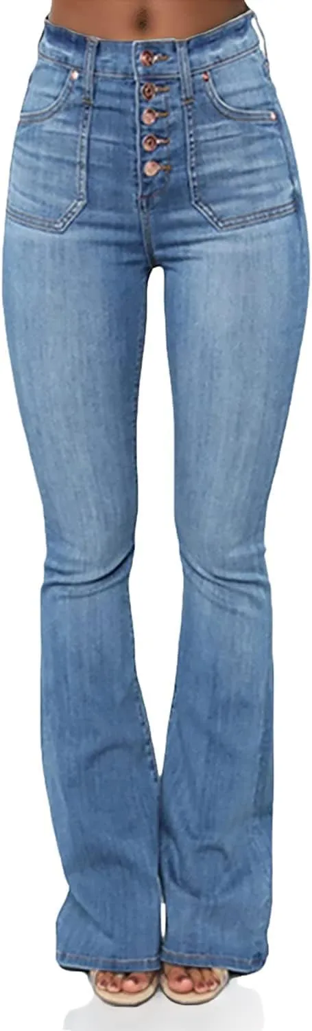 Women's Skinny Bell Bottom Jeans High Rise Flare Denims Bootcut Denim Pants, Light Blue, Medium