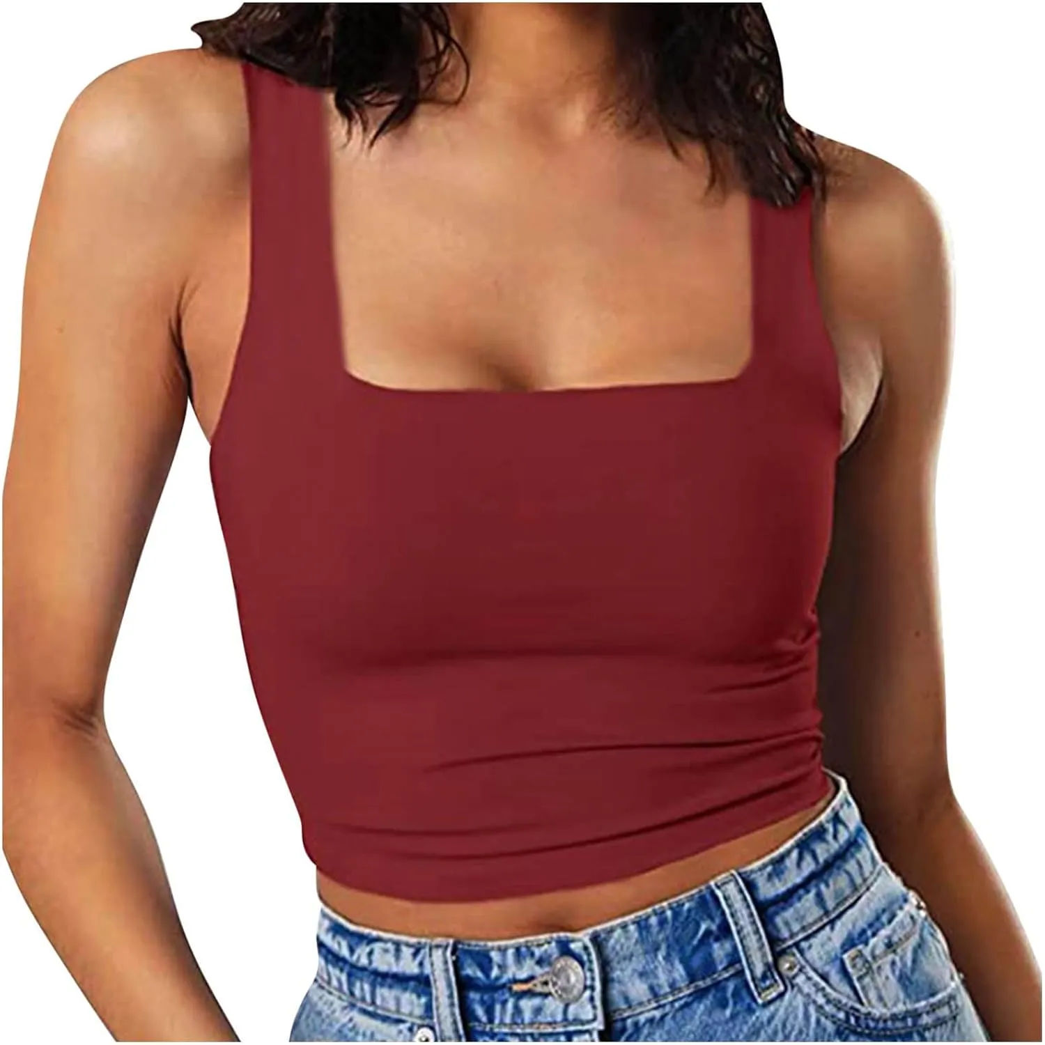 Women's Sleeveless Square Neck Sports Tank, Summer Elastic Slim Fit Athletic Workout Crop Cami Comfy Breathable Tops