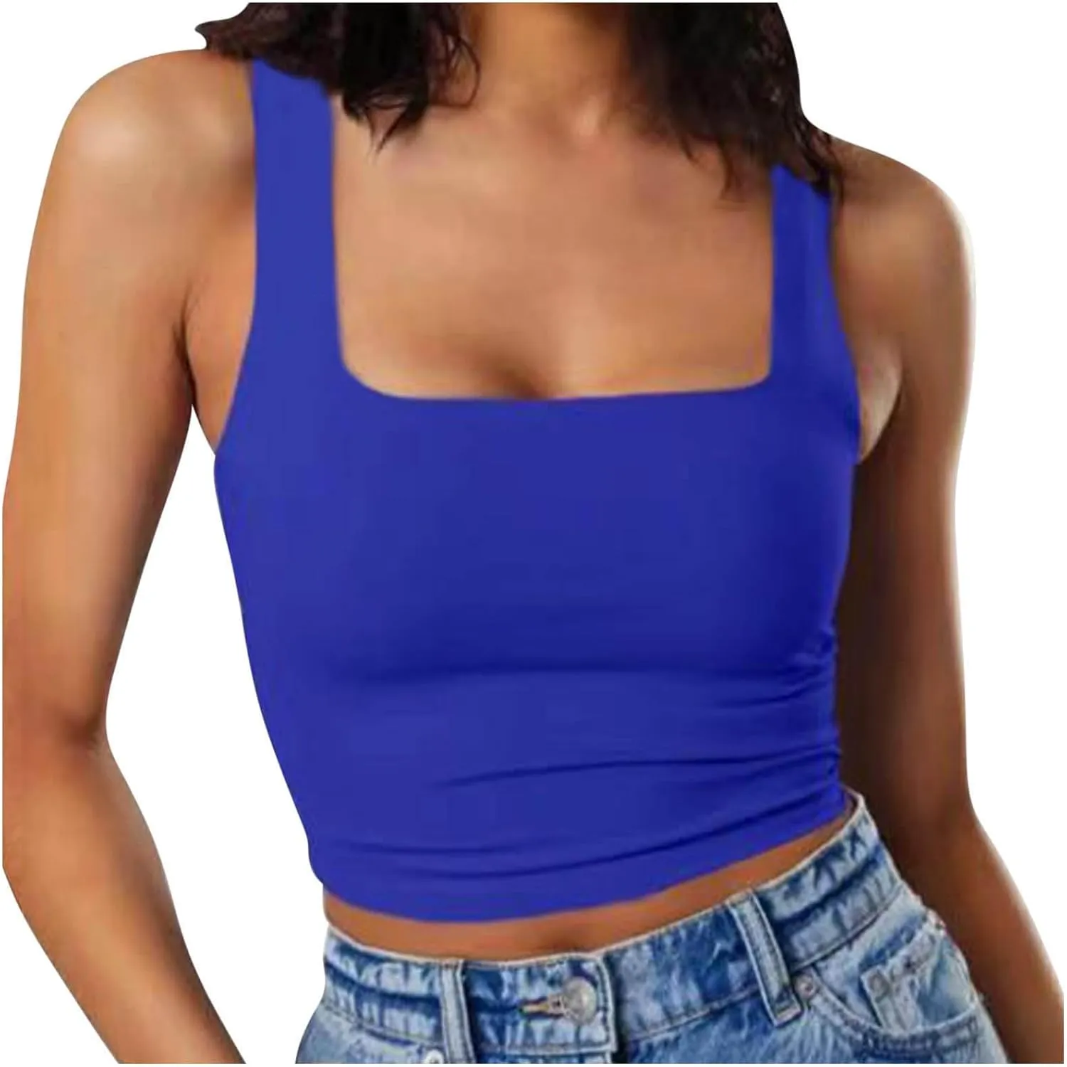 Women's Sleeveless Square Neck Sports Tank, Summer Elastic Slim Fit Athletic Workout Crop Cami Comfy Breathable Tops