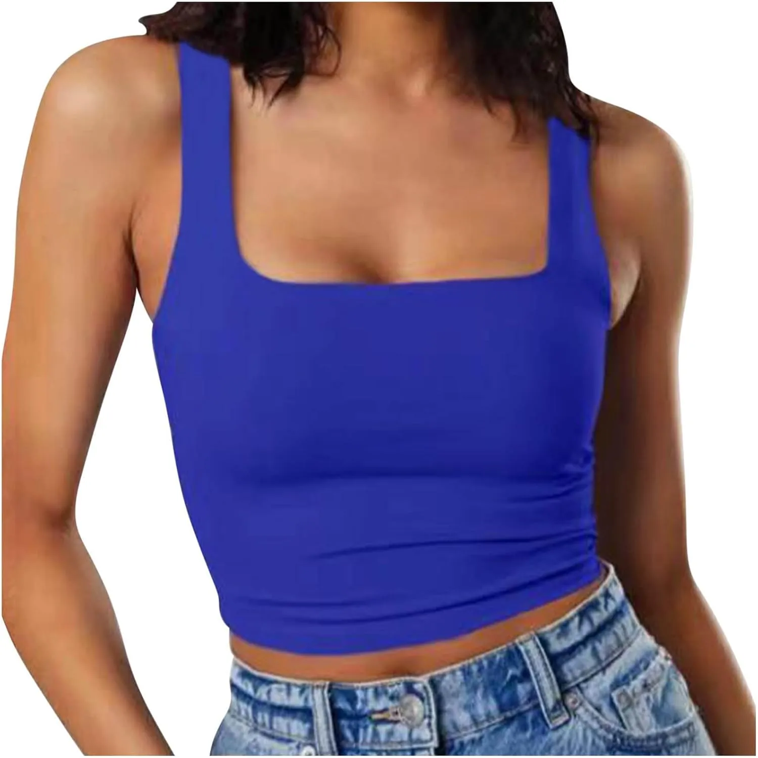 Women's Sleeveless Square Neck Sports Tank, Summer Elastic Slim Fit Athletic Workout Crop Cami Comfy Breathable Tops