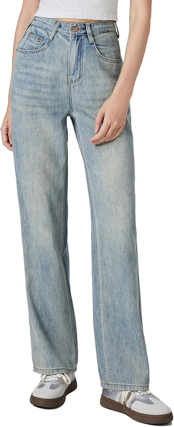 Womens Straight Leg Jeans High Rise and Light Weight Denim Pants with Contrast Color Design