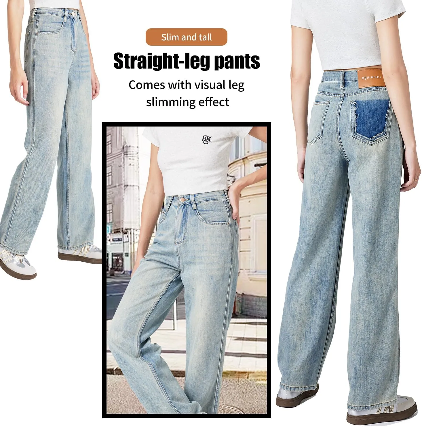Womens Straight Leg Jeans High Rise and Light Weight Denim Pants with Contrast Color Design