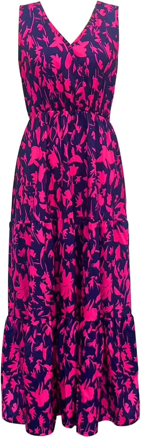Womens Summer 2025 Casual Midi Maxi Dresses Lightweight Short Sleeve V Neck Elastic Waist Boho Beach Dress
