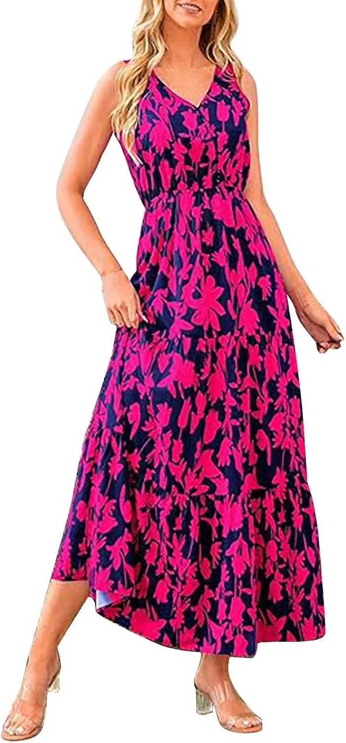 Womens Summer 2025 Casual Midi Maxi Dresses Lightweight Short Sleeve V Neck Elastic Waist Boho Beach Dress