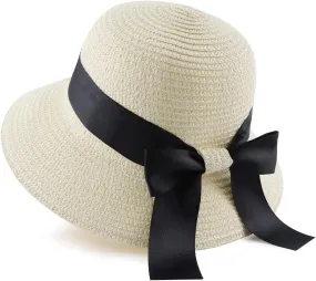 Zsedrut Women,Little Girls Straw Sun Hat Summer Beach Cap Foldable Visor Floppy Hats Wide Brim with Bowknot