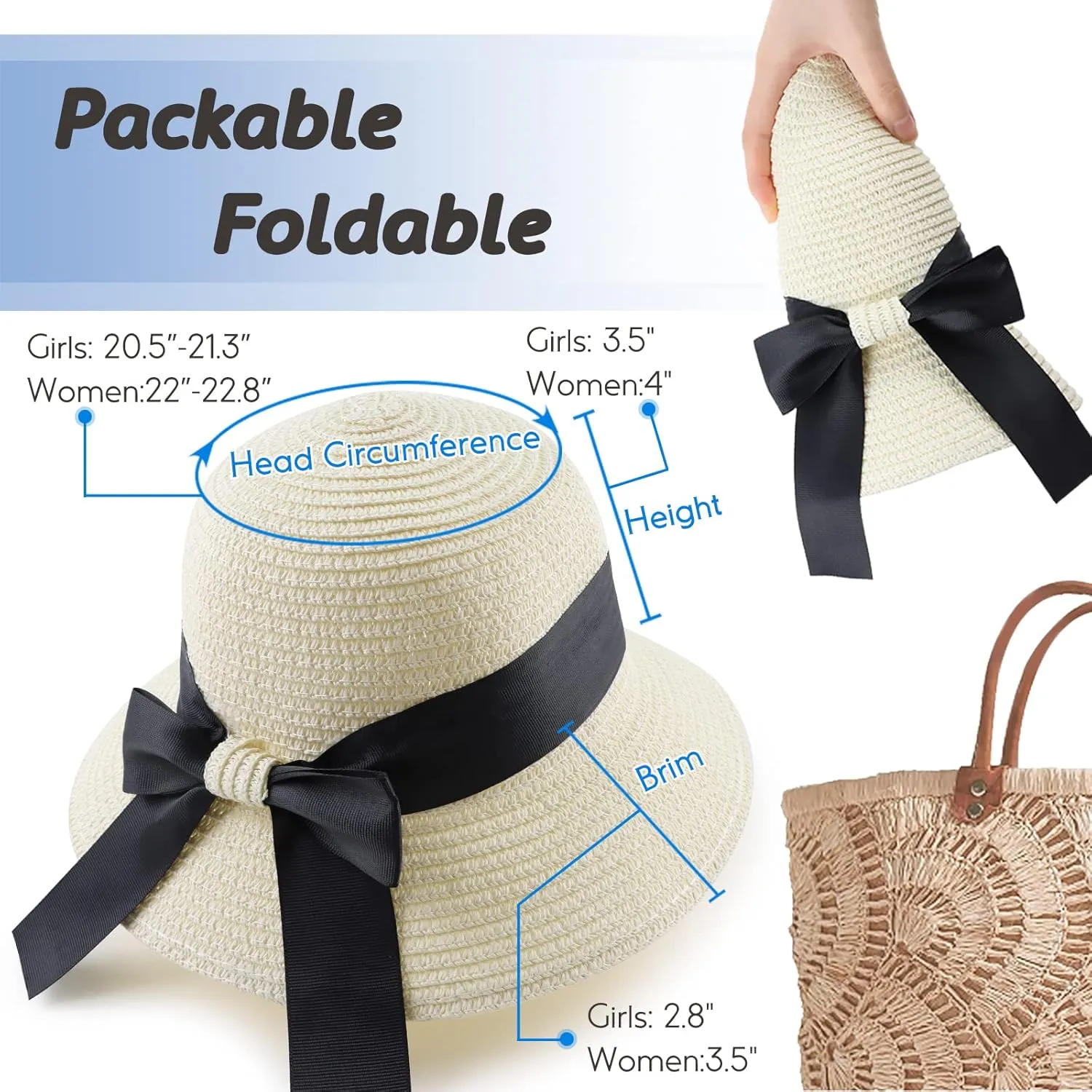 Zsedrut Women,Little Girls Straw Sun Hat Summer Beach Cap Foldable Visor Floppy Hats Wide Brim with Bowknot