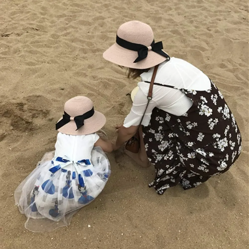 Zsedrut Women,Little Girls Straw Sun Hat Summer Beach Cap Foldable Visor Floppy Hats Wide Brim with Bowknot